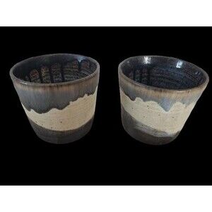 Signed 1950s Raku Pottery Cup Set - Hand Thrown Salt Glaze, Wabi Sabi